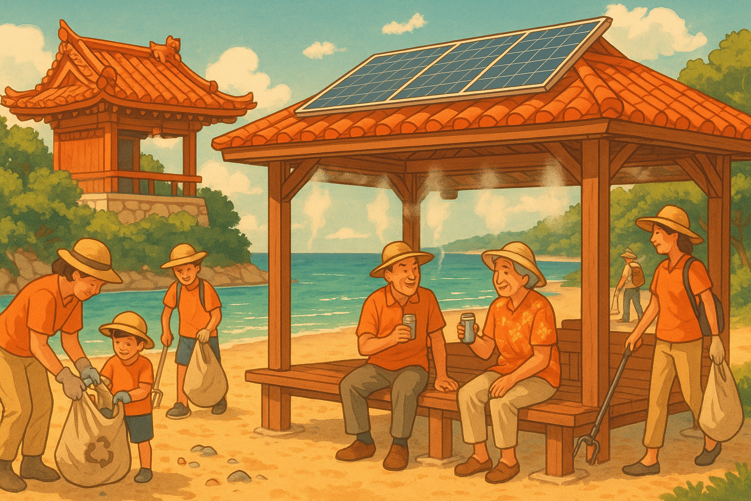 地域コミュニティの連携と島時間を活かした適応策を表したイラスト。ユイマールの精神、学校・家庭・地域の連携、伝統的知恵の活用を横長形式で表現