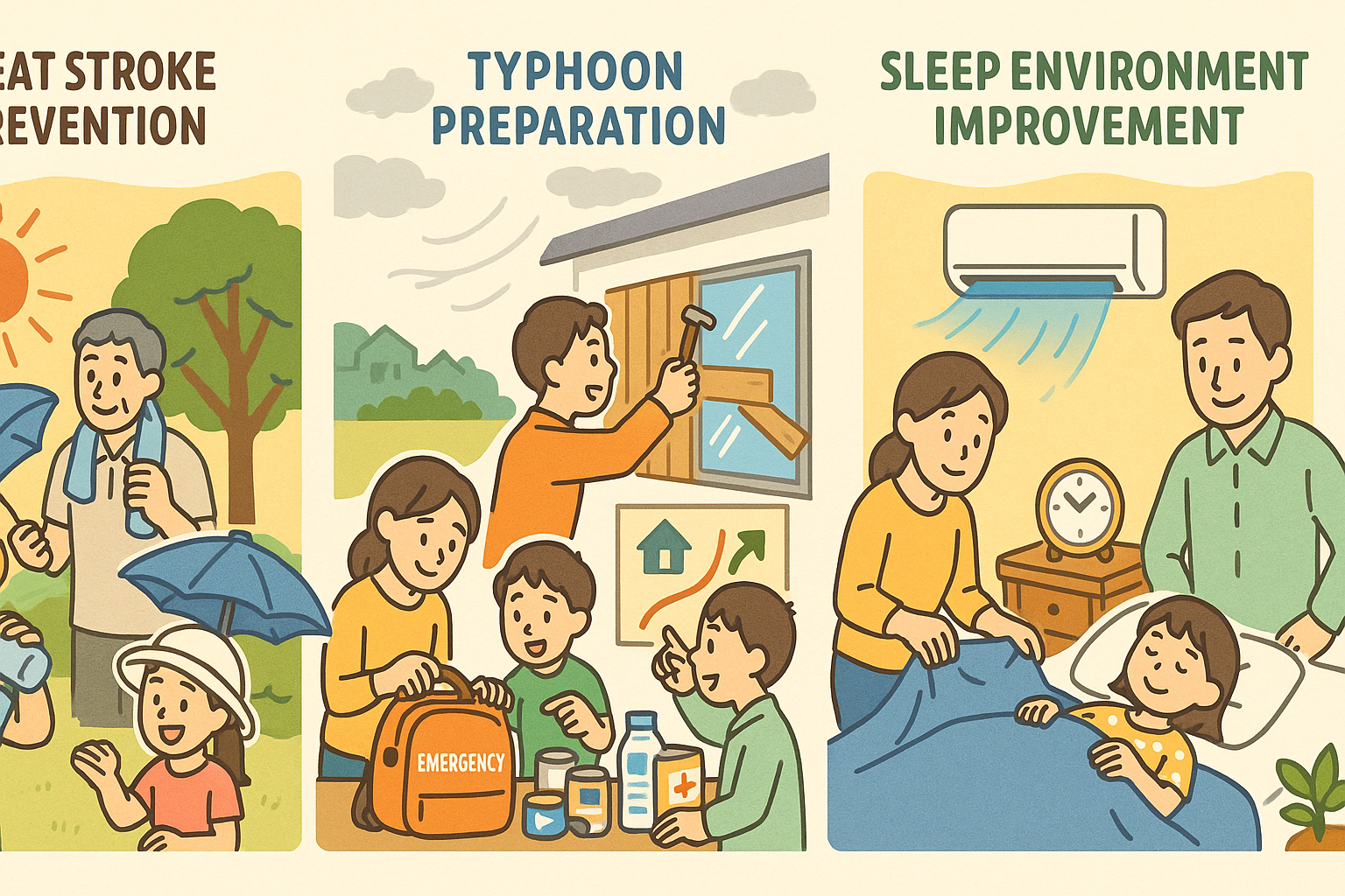 家族でできる気候変動適応策を表したイラスト。熱中症予防、台風対策、睡眠環境改善の具体的方法を横長形式で表現