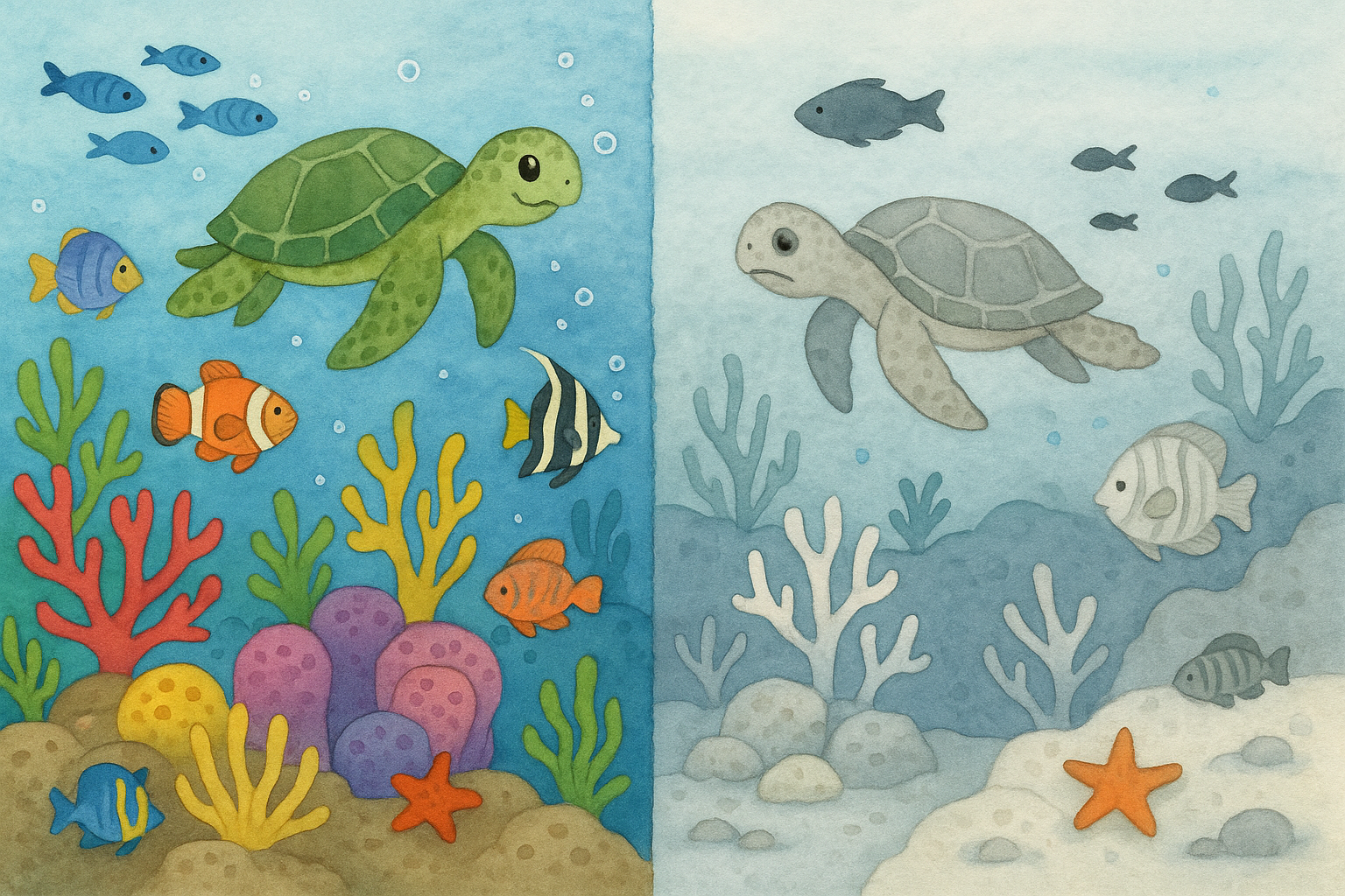 海洋生態系への影響:サンゴ礁を住処とする9万種の海洋生物への影響を示すイラスト