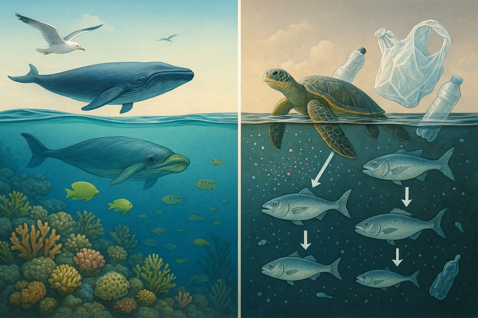 海洋プラスチックが生態系に与える深刻な影響を表現したイラスト