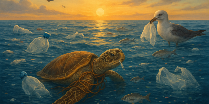 世界の海に漂う大量のプラスチックゴミと海洋生物への影響を示すイラスト