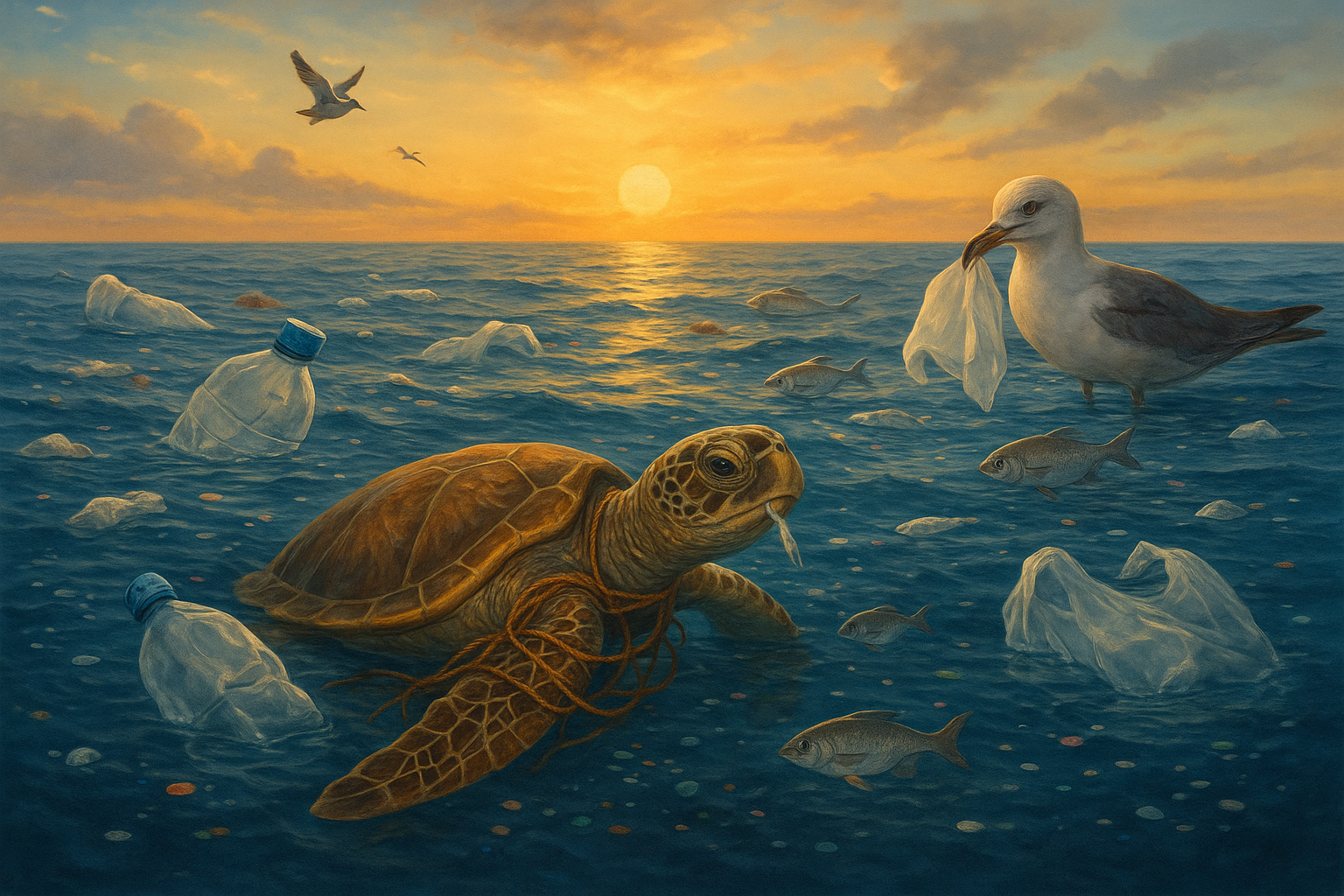世界の海に漂う大量のプラスチックゴミと海洋生物への影響を示すイラスト