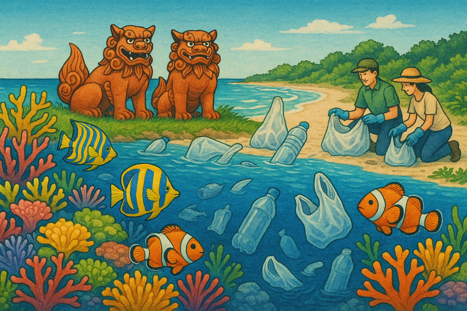 沖縄の美ら海と海ゴミ問題、サンゴ礁保護を表現したイラスト