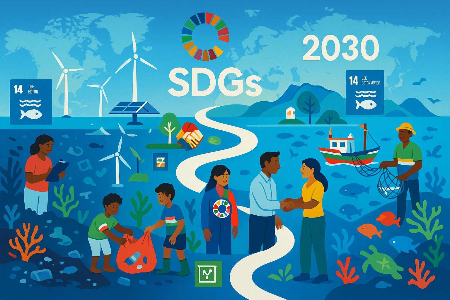 2030年SDGs達成に向けた海洋保護への道筋を表現したイラスト