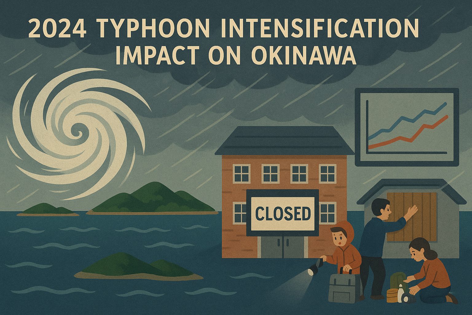 2024年の台風強大化と沖縄への影響を示すイラスト。スーパー台風の進路と風速、沖縄の学校や家庭への影響を横長形式で表現したイラスト