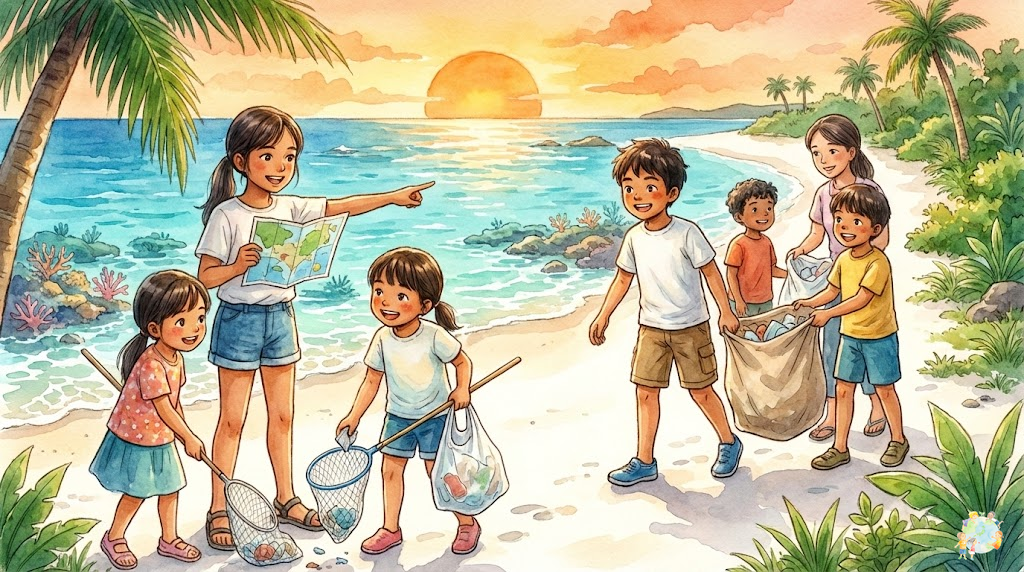 沖縄の美しいビーチで、子どもたちが先頭に立ってビーチクリーン活動をリードしている様子。年齢の異なる子どもたち（5歳〜15歳）がチームとして協力し、リーダーシップを発揮している。沖縄の青い海と白い砂浜を背景に、環境保護活動に情熱を持って取り組む子どもたちの輝く表情 ### スタイル指定 - テイスト: 温かみのある水彩画風イラスト - 品質: high-quality digital art - カラー: 沖縄の海の青、砂浜の白、自然の緑、温かいオレンジの陽光 - トーン: 希望に満ちた、明るく前向き - サイズ: 1600x900px - テキスト: no text