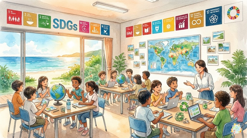 次世代のリーダーシップ教育が求められる社会的背景。変化する世界と子どもたちの成長を描いたイラスト