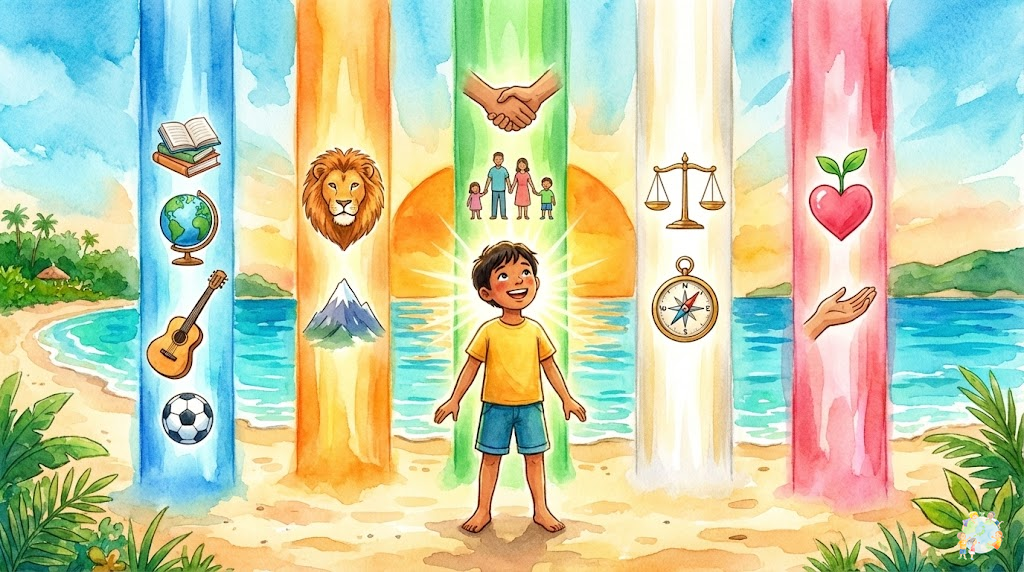 PYD 5Csモデルの5つの柱を視覚的に表現したイラスト。Competence、Confidence、Connection、Character、Caringの5要素