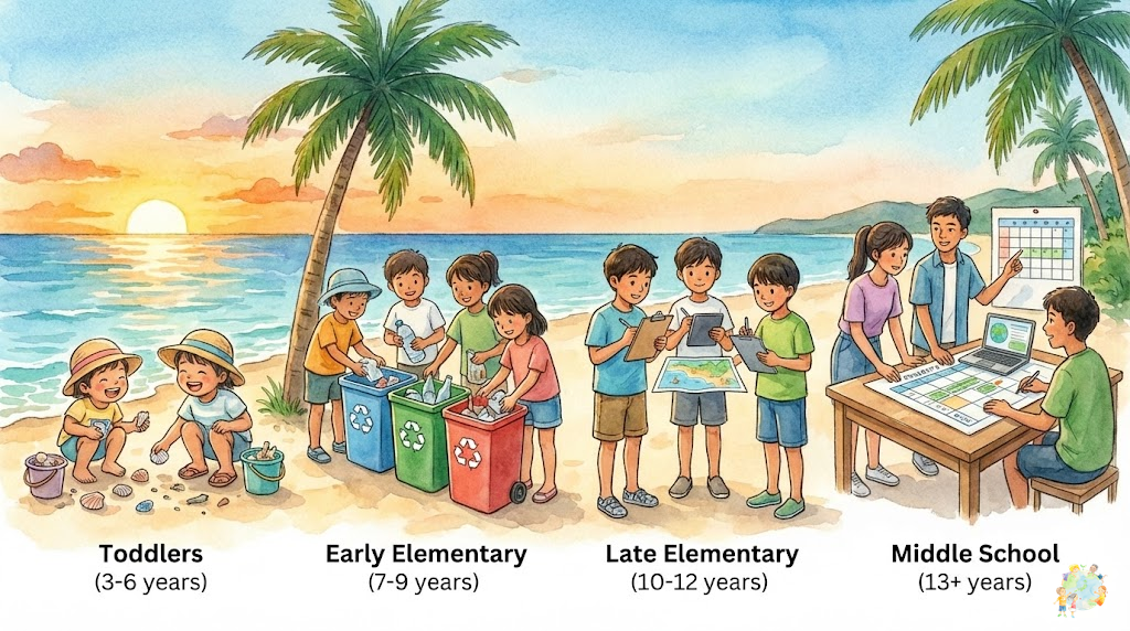 年齢別のリーダーシップ育成アプローチを表現したイラスト。幼児から中学生まで段階的に成長する子どもたちの姿