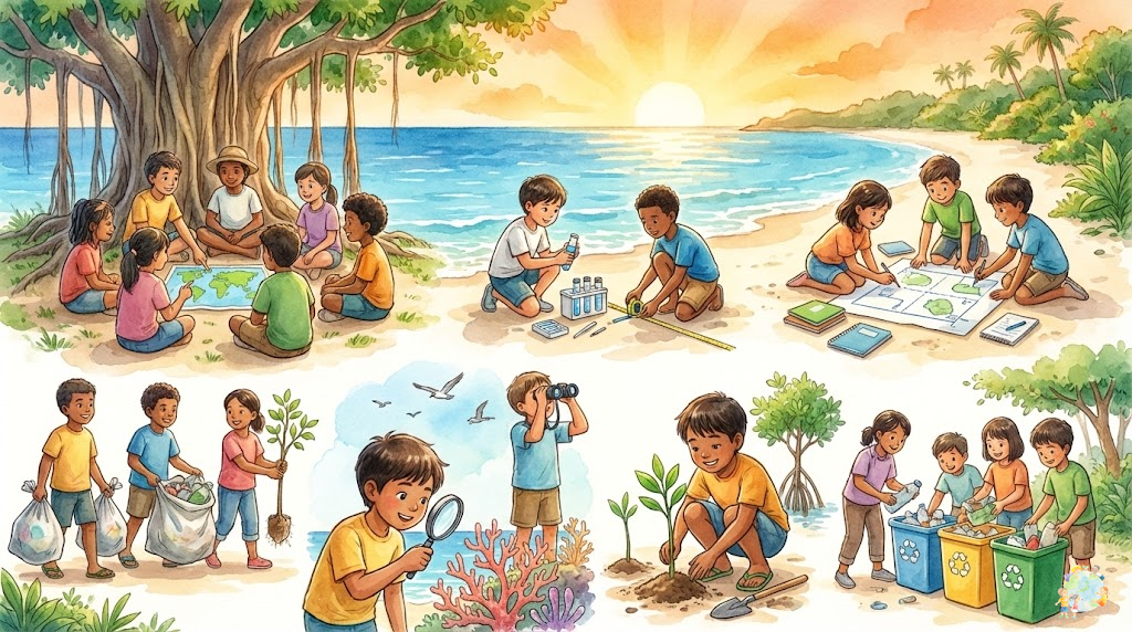 環境活動で育まれる7つの能力と態度を表現したイラスト。批判的思考力、コミュニケーション力、協力する力などの要素