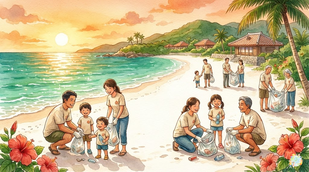 沖縄の環境リーダー育成プログラムの事例。ビーチクリーン活動や自然観察プログラムに参加する子どもたちのイラスト