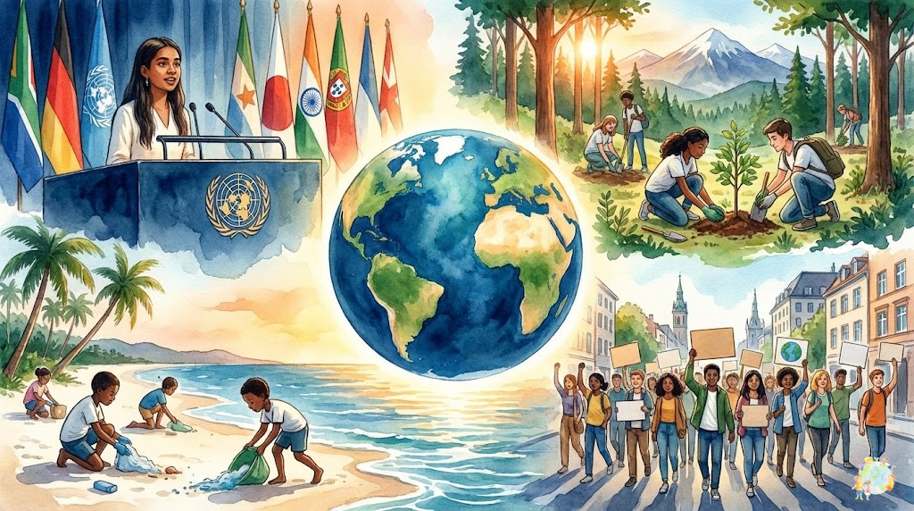 世界各地の子ども環境リーダー育成プログラムを表現したイラスト。UNESCOやYMCAなど国際的な取り組みの様子