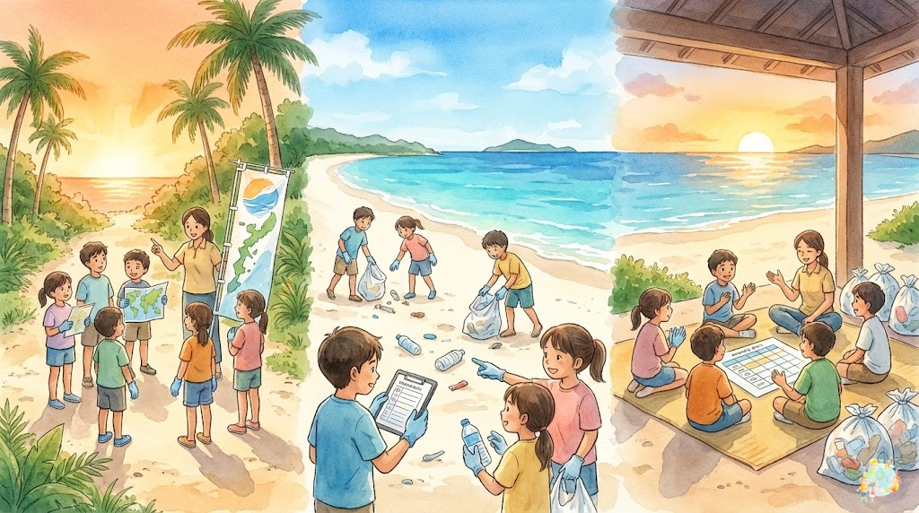 ビーチクリーン活動でリーダーシップを育成する3つのステップ。活動前・中・後のプロセスを描いたイラスト