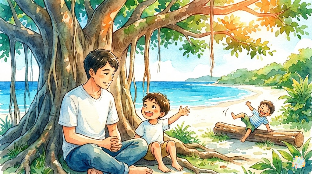 子どものリーダーシップを伸ばすための親の関わり方。見守り、声かけ、信頼のバランスを表現したイラスト