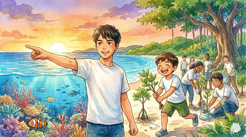 環境リーダーが切り開く持続可能な未来。美しい沖縄の海と、未来に向かって歩み出す子どもたちのイラスト