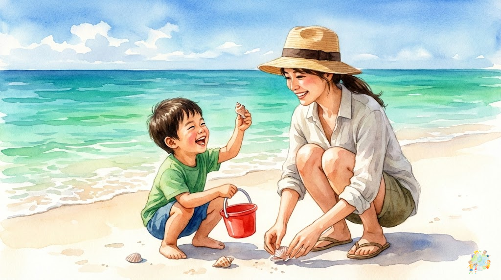 沖縄の美しいエメラルドグリーンの海岸で、親子がビーチコーミングを楽しんでいる温かいシーン。母親と小学生の子どもが砂浜にしゃがんで貝殻を探している。背景には白い砂浜、透き通った海、青い空が広がる。子どもは小さなバケツを持ち、嬉しそうに貝殻を拾い上げている。 ### スタイル指定 - テイスト: 温かみのある水彩画風イラスト - 品質: high-quality digital watercolor art - カラー: 沖縄の海をイメージしたターコイズブルー、エメラルドグリーン、白い砂浜 - トーン: 優しく温かい、家族の絆を感じる - サイズ: 1600x900px - テキスト: no text