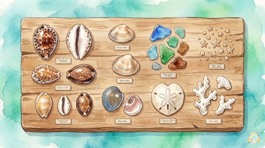 沖縄のビーチで見つかる海の宝物を図鑑風に並べたイラスト。タカラガイ、シーグラス、星の砂、ブンブクなどがラベル付きで美しく配置されている