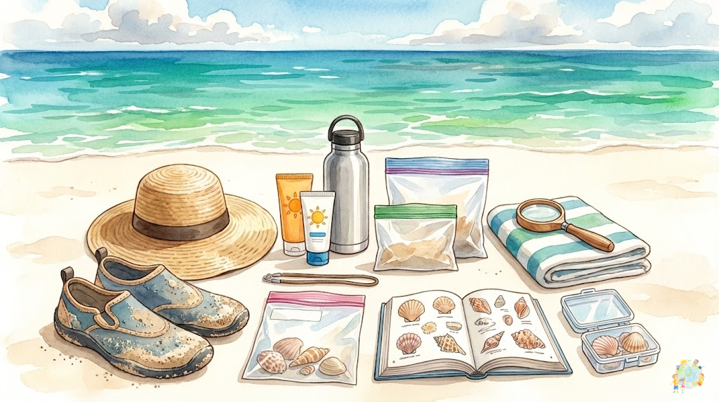 ビーチコーミングに必要な持ち物や装備をイラスト風に描いた準備ガイド。マリンシューズ、帽子、日焼け止め、バケツ、虫眼鏡などが並ぶ