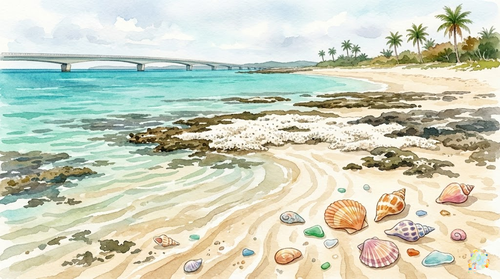 沖縄の美しい海岸線の風景。エメラルドグリーンの海と白い砂浜、遠くに見えるサンゴ礁が描かれたおすすめスポットのイメージイラスト