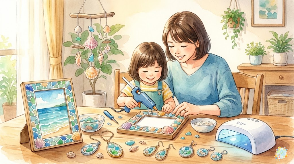 親子でシーグラスアートや貝殻工作を楽しんでいるシーン。テーブルの上にシーグラスのフレーム、貝殻のリース、UVレジンアクセサリーなどの完成作品が並ぶ