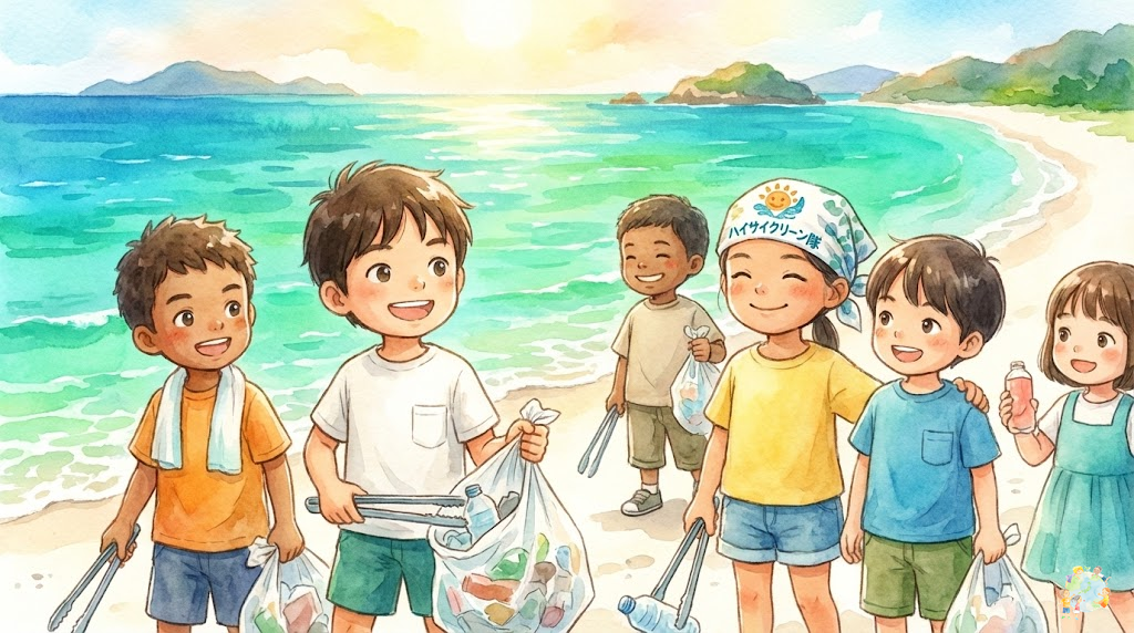 子どもたちがビーチクリーン活動に参加しているシーン。ゴミ袋を持って海岸のゴミを拾う子どもたち、達成感に満ちた笑顔の環境リーダーたち