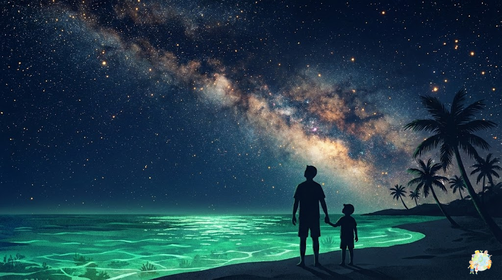 沖縄の満天の星空と天の川のイラスト。エメラルドグリーンのサンゴ礁の海の上に広がる壮大な天の川。ビーチに立つ親子のシルエットが星空を見上げている。南国の椰子の木のシルエット。星が無数に輝く深い藍色の夜空 ### スタイル指定 - テイスト: Clean design, eco-friendly illustration - 品質: high-quality digital art - カラー: deep navy blue sky, emerald green ocean, warm starlight - トーン: peaceful, inspiring, educational - サイズ: 1600x900px - テキスト: no text