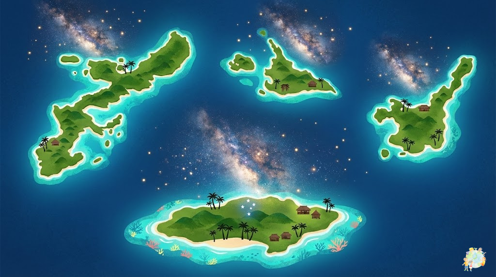 沖縄の星空観察おすすめスポットマップ。波照間島、石垣島、宮古島、沖縄本島の主要ポイントを示すイラスト