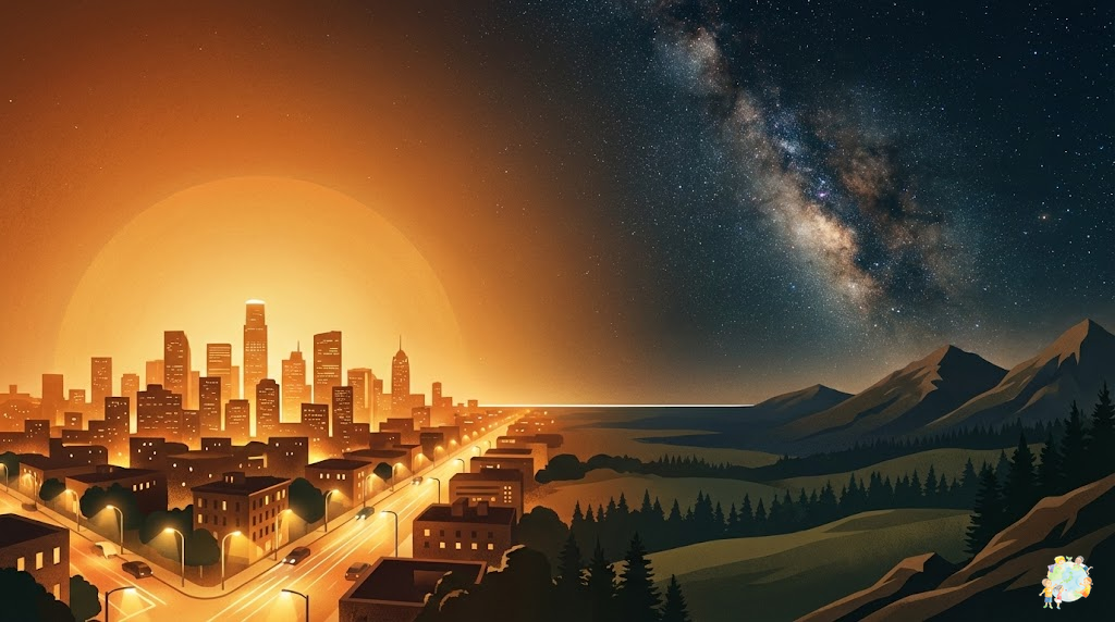 世界中で進む光害問題の深刻さを表現したイラスト。夜空が明るくなり星が消えていく都市と、光害のない自然の夜空の対比