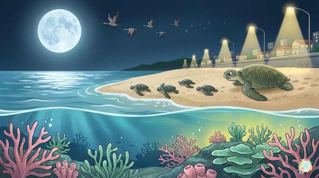 光害が沖縄の生態系に与える影響を表現したイラスト。ウミガメの子ガメが人工光に惑わされる様子やサンゴの産卵への影響