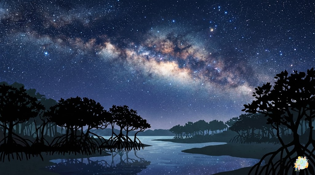 世界の星空保護区の取り組みと西表石垣国立公園のダークスカイ・パーク認定を表現したイラスト