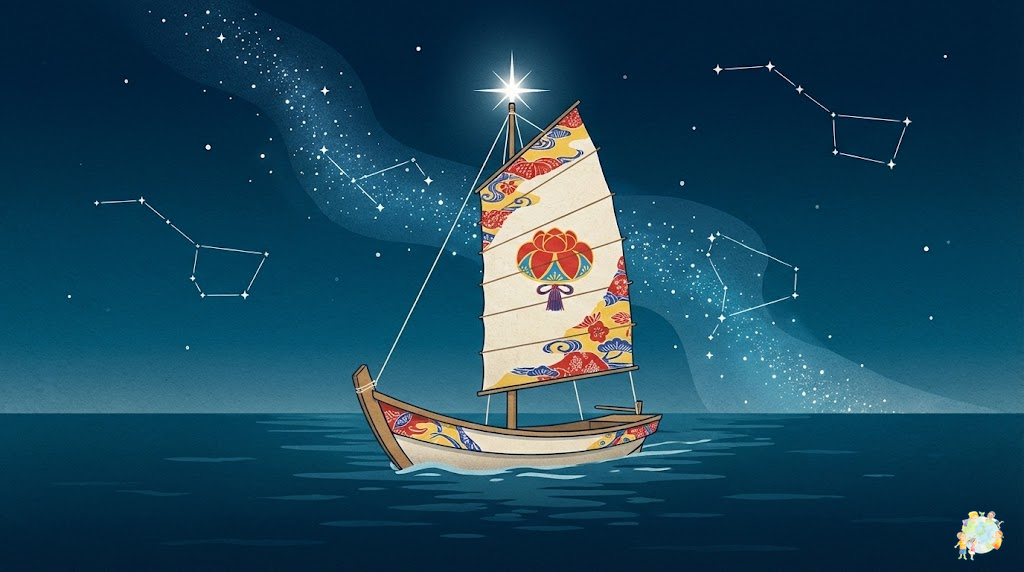 琉球の星文化を表現したイラスト。伝統的な航海カヌーとニヌファブシ（北極星）、ティンガーラ（天の川）が描かれた幻想的な夜空