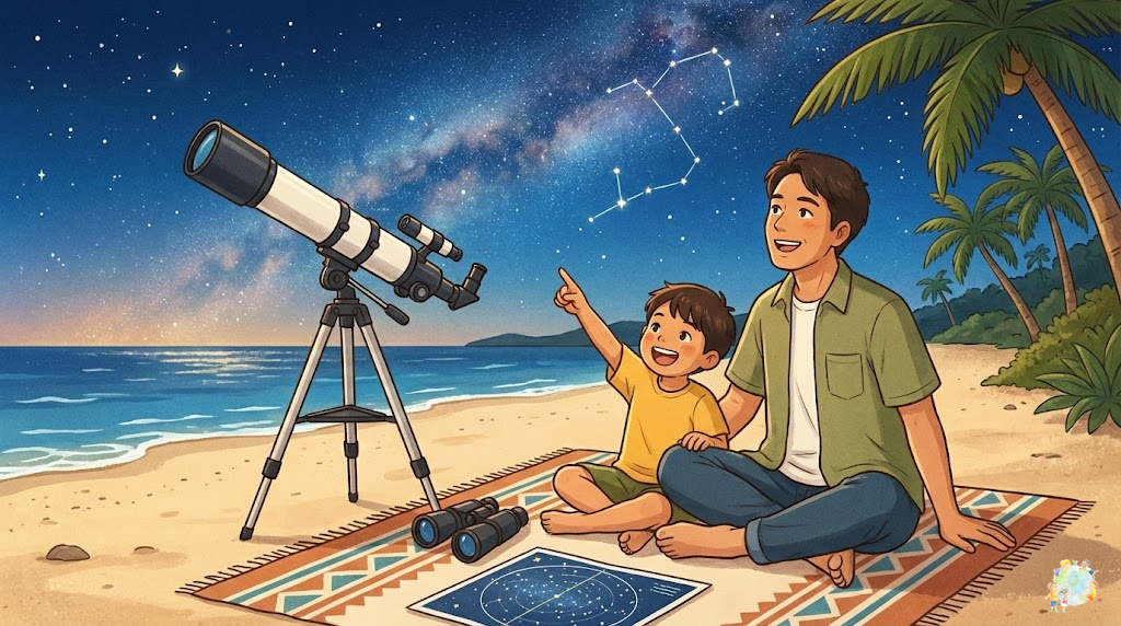 親子で天体観察を楽しむ様子。双眼鏡や星座盤を持った子どもたちが夜空を見上げるイラスト