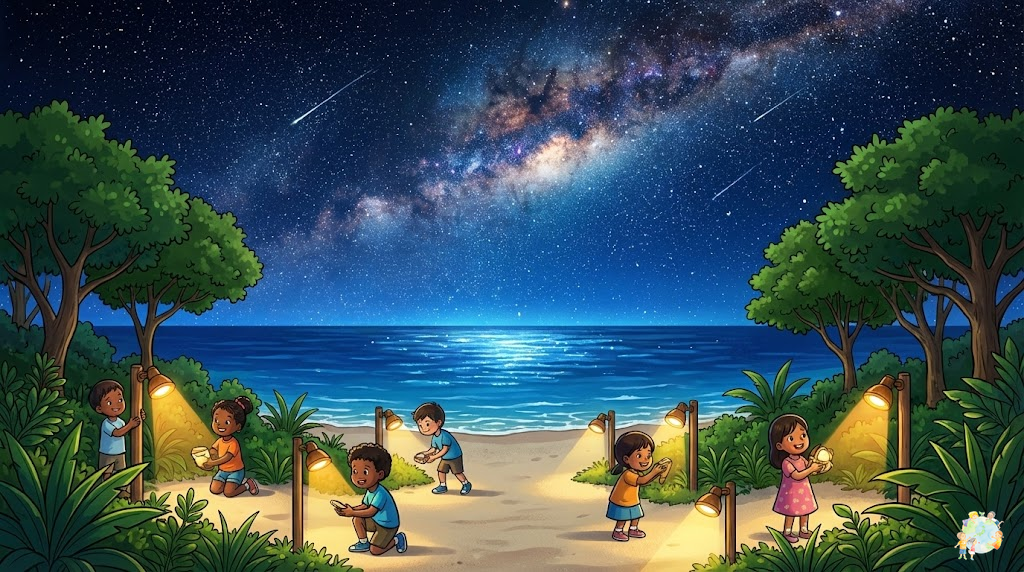 家庭や地域でできる光害対策と星空保護アクションを表現したイラスト。ダウンライト型照明や暖色系LEDへの切り替え